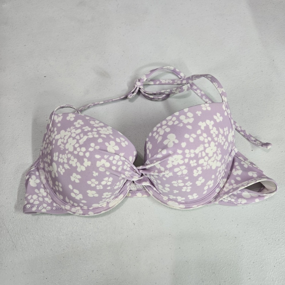 Aerie Women Swimwear 36B Lavender White Floral Push Up Underwired Halter NWT